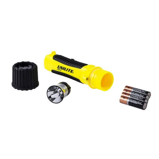 Unilite FL4 Hand Torch (Unscrewed, Leaning To The Side w/ Batteries Removed)