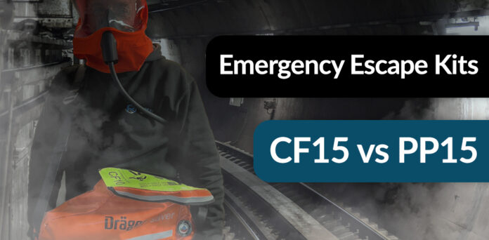 Emergency Escape Kits. CF15 vs PP15. Background is a worker wearing the CF15 kit in an underground tunnel, there is a smoke overlay on the image