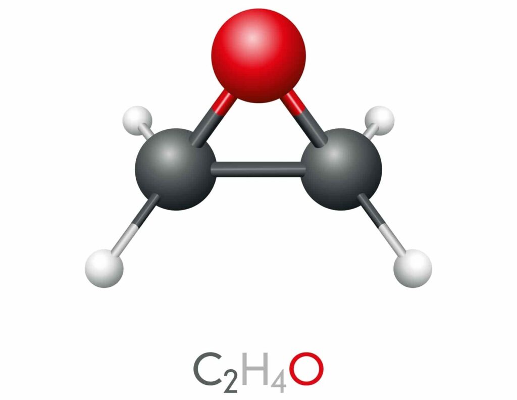 Ethylene,Oxide,,C2h4o,,Molecule,Model,And,Chemical,Formula.,Also,Known Ethylene oxide, C2H4O, molecule model and chemical formula. Also known as oxirane, is a carcinogenic, mutagenic organic compound. A surface disinfectant in hospitals and in medical equipment industry.